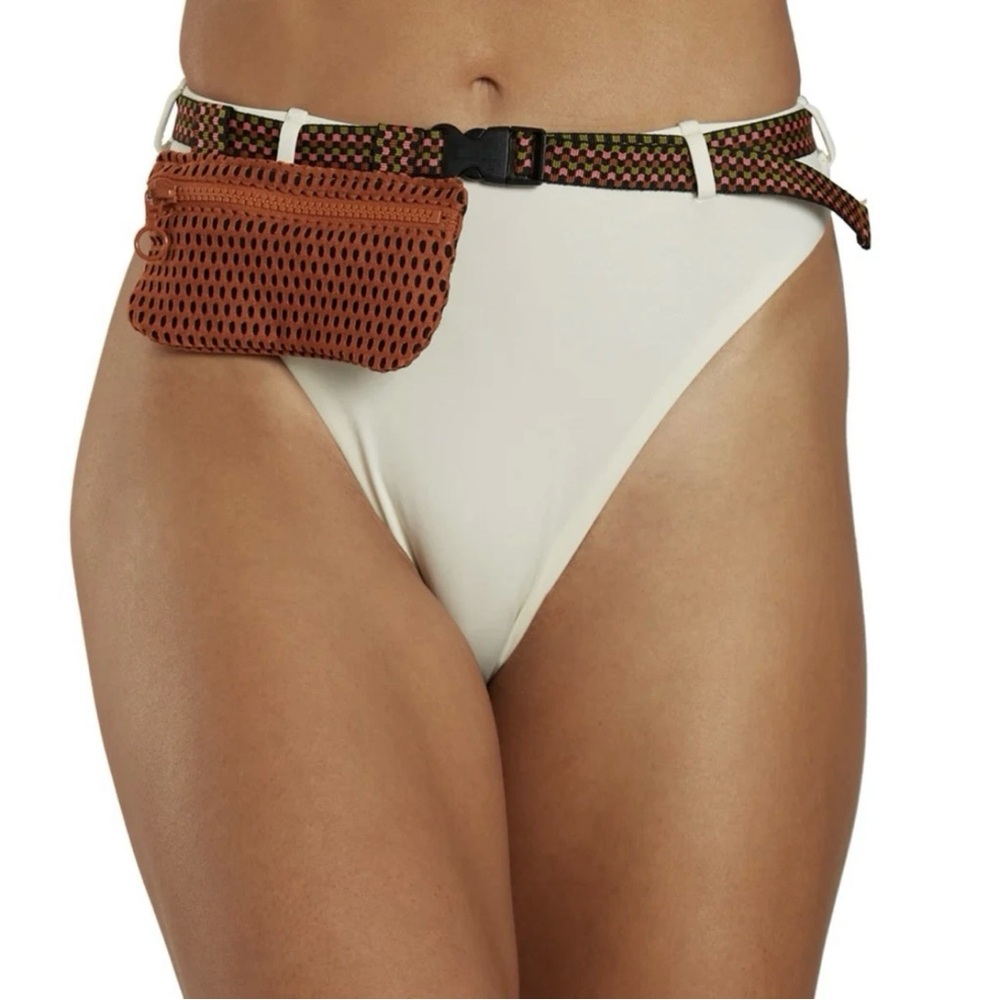 Nike Explore Bikini Bottom NWT Large High Waist Ivory Brown Zip Pocket Pouch